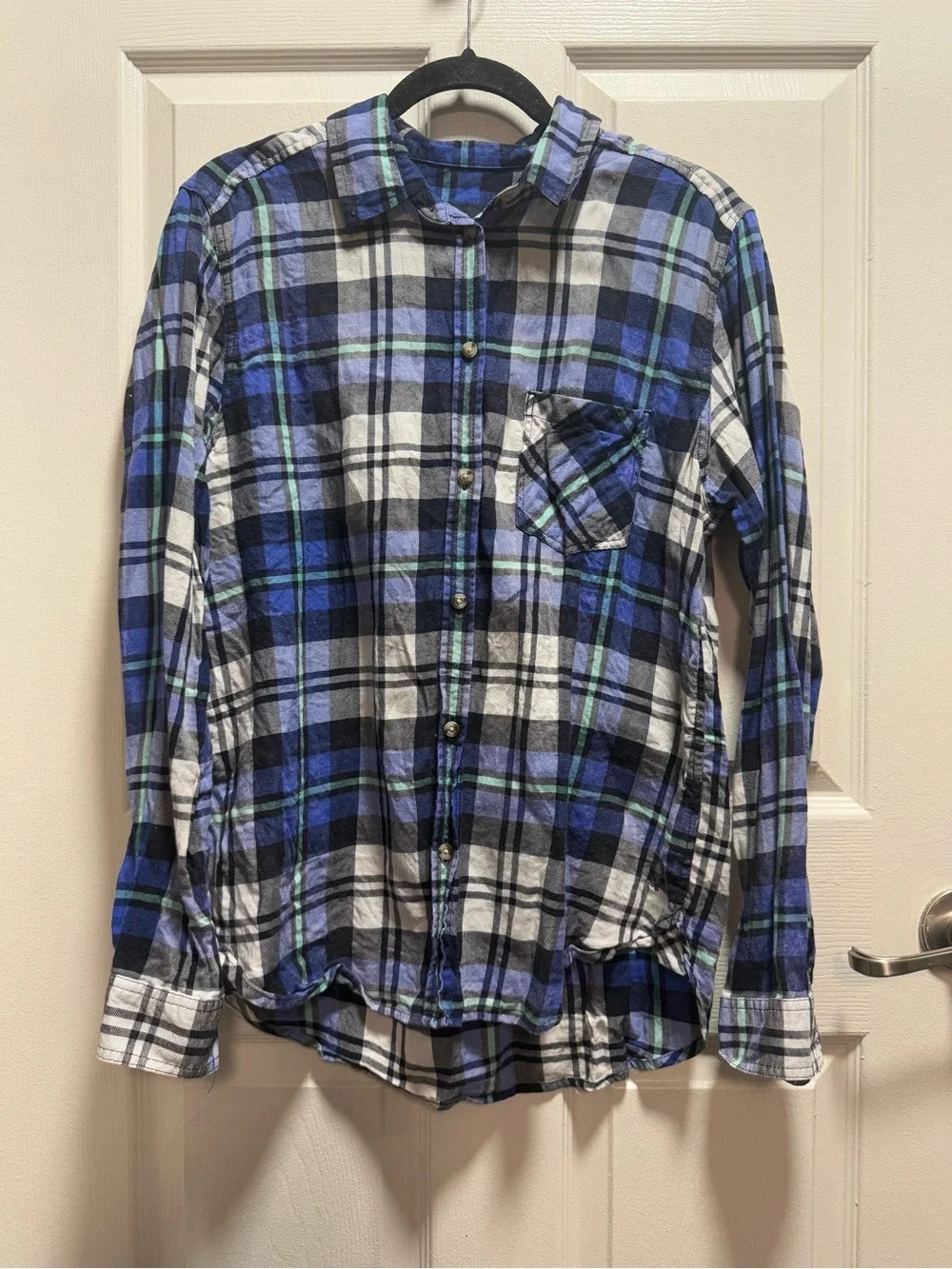 American Eagle Outfitters Blue, White and Black Plaid Button-Down Shirt size L